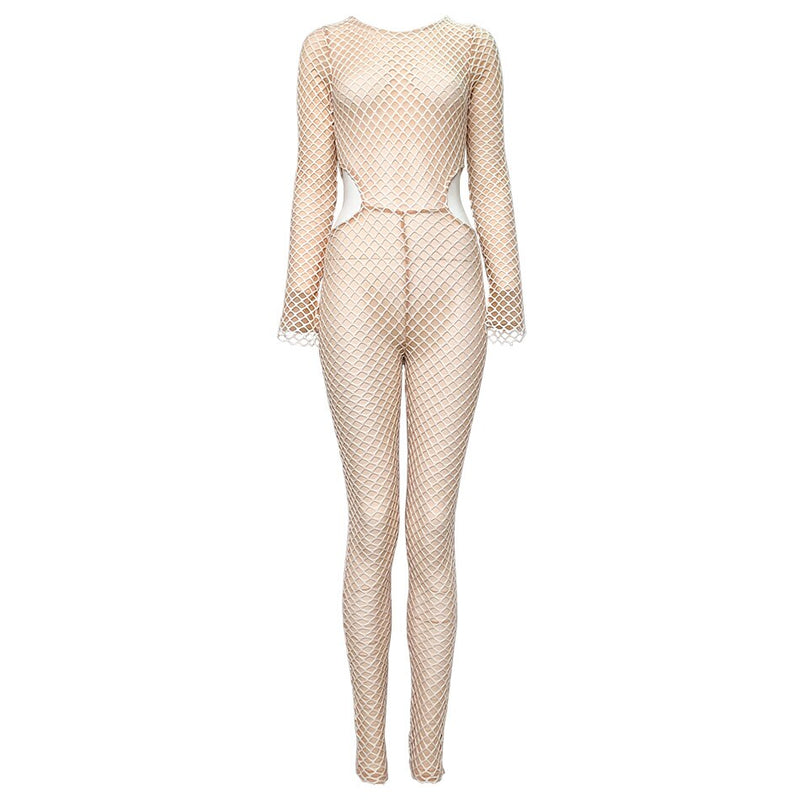 Body transparente brillante inspirado en Khloe Kardashian, cintura transparente, ojal recortado, malla ceñida a la piel, medias de red completas