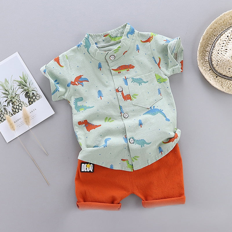 Summer Baby Boy Clothes Set Infant Cartoon Dinosaur Print Short Sleeve Shirt + Pants 1 2 3 4 Years Kid Toddler Boys Outfit