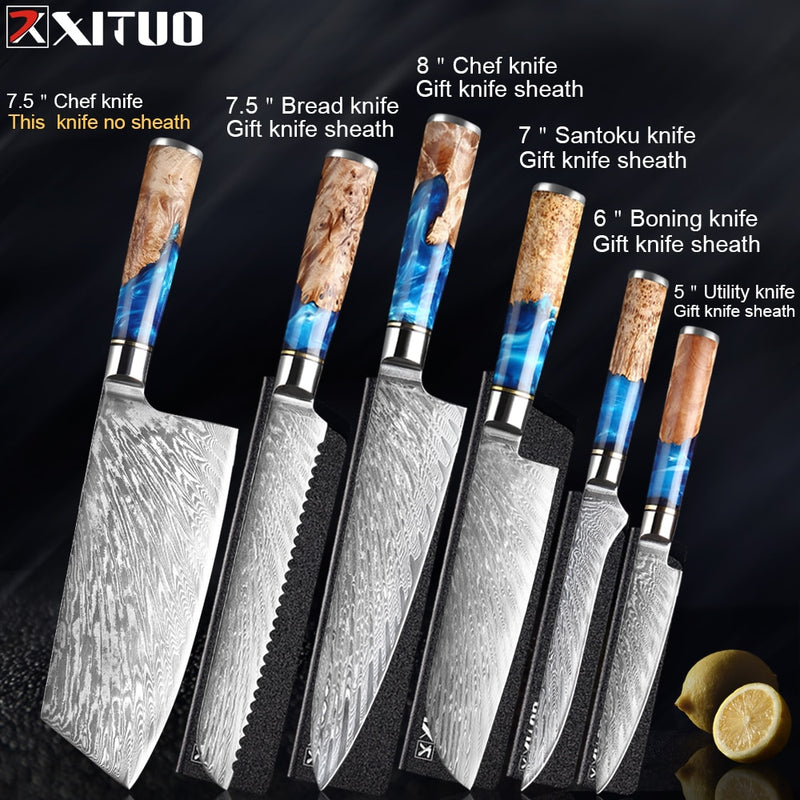 XITUO Küchenmesser-Set Damaskus-Stahl Kochmesser Cleaver Schälwerkzeug Allzweck-Brotmesser Kochwerkzeug Blauer Harzgriff 1-6 Teile/Set