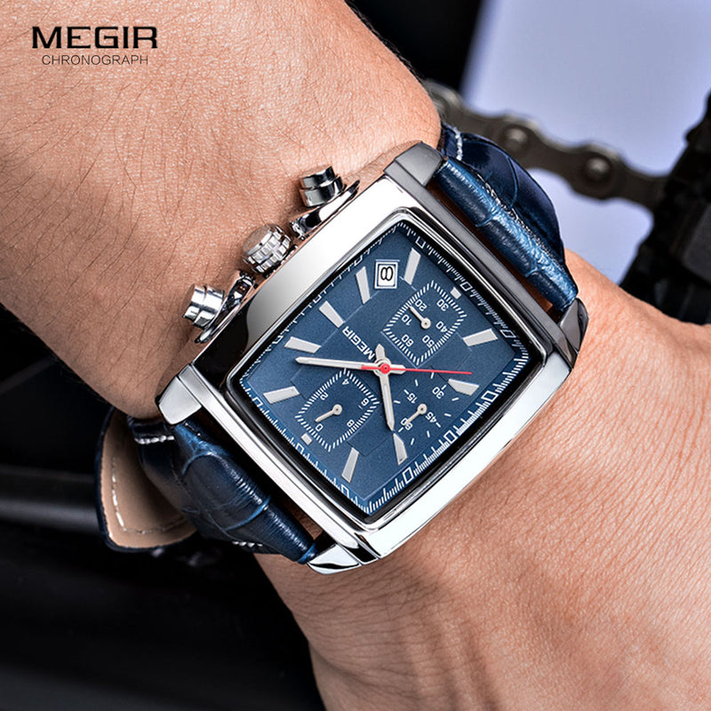 Megir Rechteck-Vorwahlknopf-Leder-Bügel-Uhr für Mann-beiläufigen blauen Chronographenquarzuhren Mann-Armbanduhr montre reloj Uhren