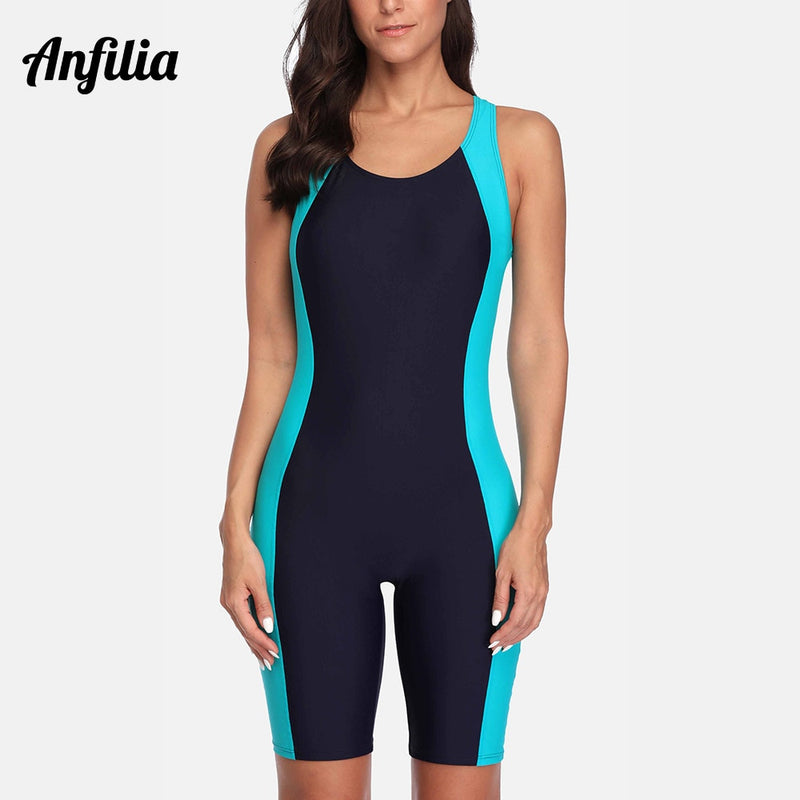 Anfilia One Piece Women Pro Sports Swimwear Boyleg Knee-length Sport Swimsuit Patchwork Bikini Beach Wear Bathing Suit