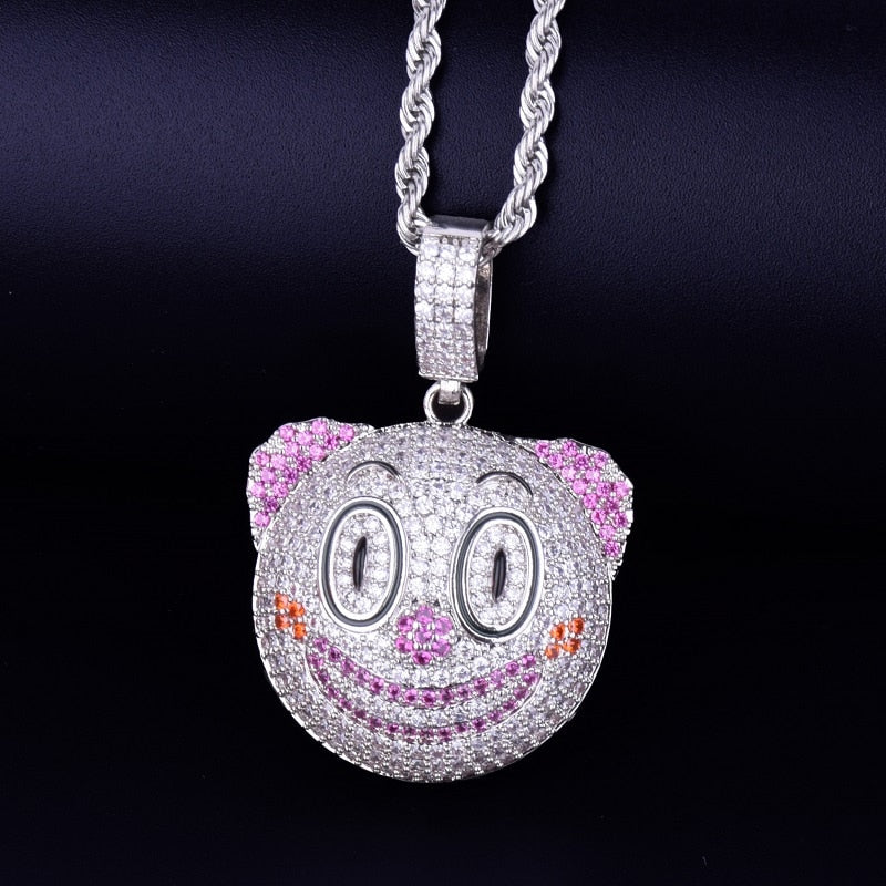 Clown Round Face Pendant Necklace Gold Color Charm Cubic Zircon Men&