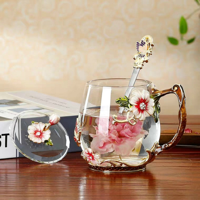 Beauty And Novelty Enamel Coffee Cup Mug Flower Tea Glass Cups for Hot and Cold Drinks Tea Cup Spoon Set Perfect Wedding Gift