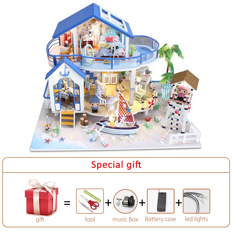 Diy Kit de casa de muñecas en miniatura Casas grandes Sea Villa Casa de muñecas de madera con muebles Roombox Ensamblar juguetes Niños Regalos de cumpleaños Casa