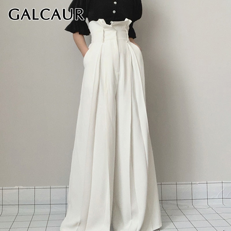 GALCAUR White Full Length Trousers For Women High Waist Loose Plus Size Pleated Ruffles Wide Leg Pants Female 2020 New Clothing