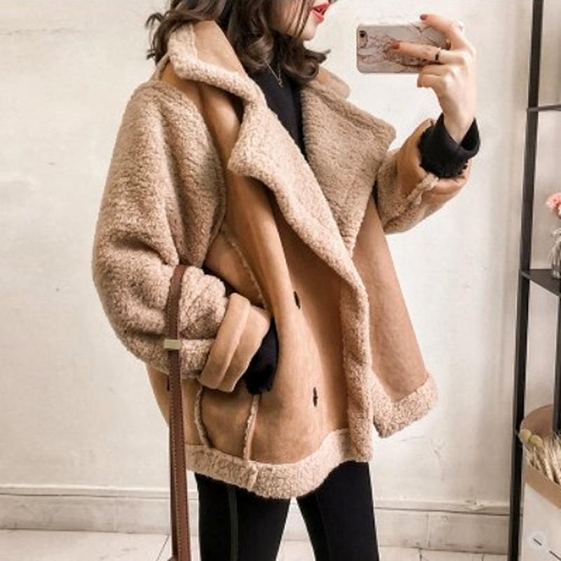 Frauen Winter Übergroße Teddy Jacke Chic Faux Wildleder Pelzkragen Mäntel Flieger Motorrad Biker Jacken Weibliche Lammwolle Mantel Neu