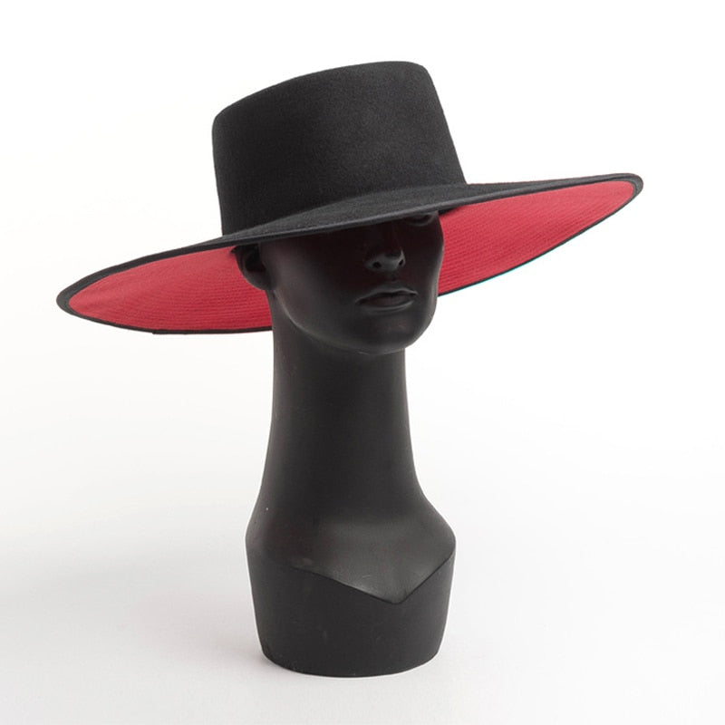 FEDORA de lana de dos tonos con empalme de ala ancha UNISEX clásico, sombreros cálidos de invierno de ala ancha para mujer, sombrero de vestir Derby de Iglesia para mujer rojo y negro