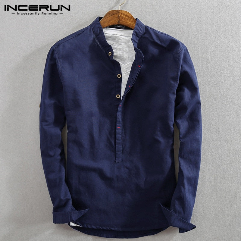 INCERUN Vintage Men Casual Shirt Long Sleeve Cotton Linen Stand Collar Solid Business Streetwear Henley Shirts Men Harajuku 2022