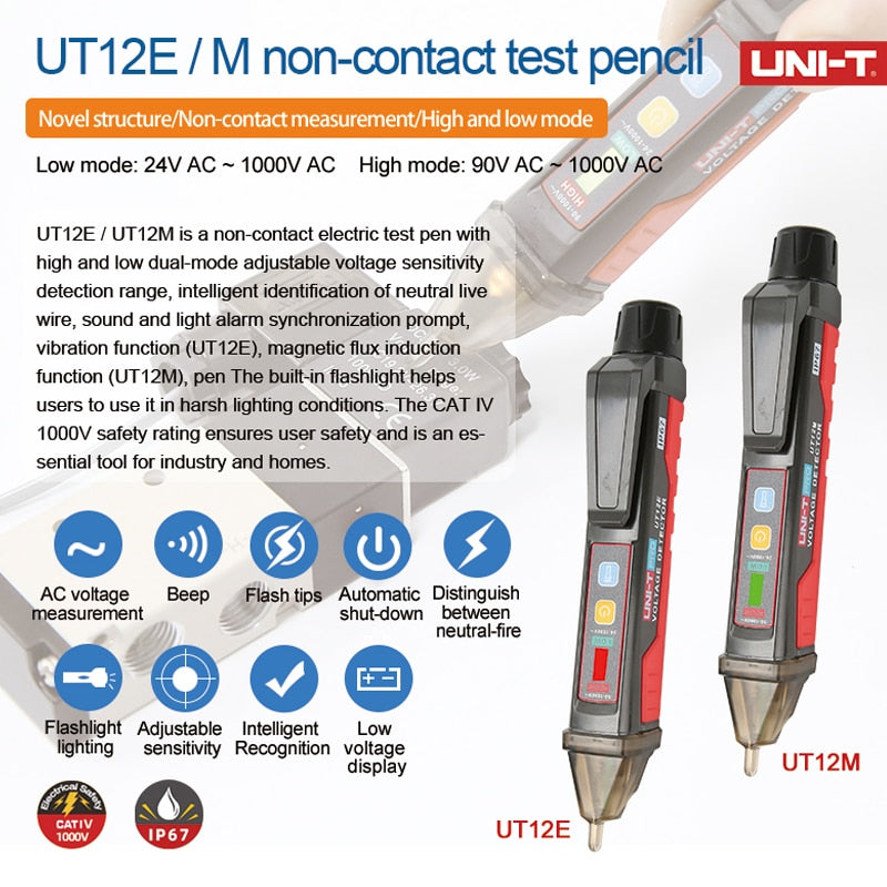 Indicador de Detector de voltaje de CA de pared de enchufe de UNI-T 24V-1000V bolígrafo de prueba de Sensor eléctrico de corriente de voltios sin contacto UT12E UT12M