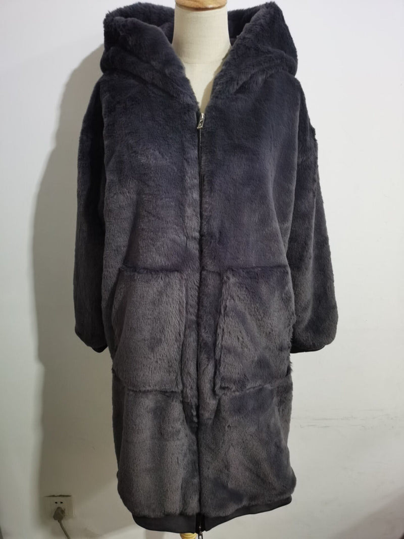 Winter Warm hooded Long Solid color Faux Fur Coat Casual Long sleeve Women Fur Jacket Loose Outwear