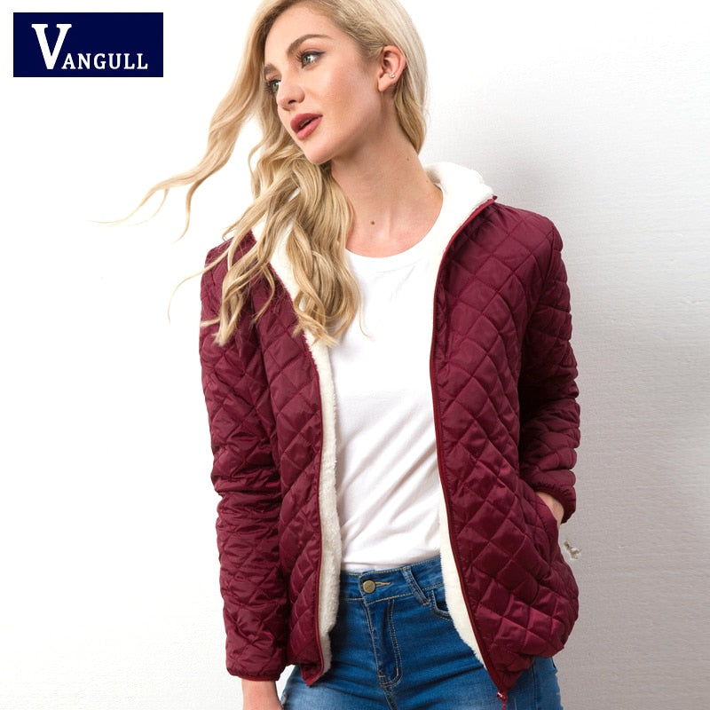 Vangull Women Hooded Jacket Casual Basic Warm Velvet Lamb Parka Coat  Autumn Winter New Solid Light Soft Famale Outerwear