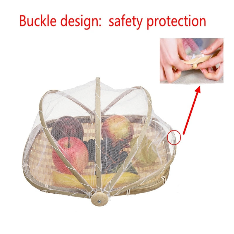 Hand-Woven Food Serving Tent Basket Tray Fruit Vegetable Bread Storage Basket Simple Rattan Outdoor Picnic Mesh Net Cover