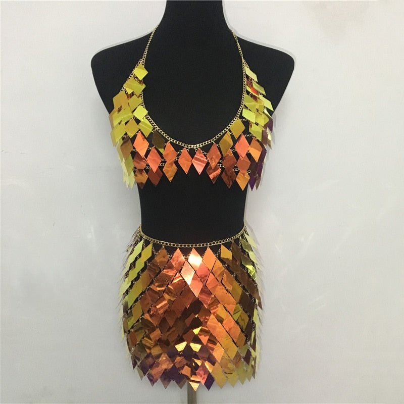 Glisten Rhombic Sequins Two Piece Set Hollow Out Metal Chain Crop Tops Sexy Mini Skirt Summer Rave Festival Lady Outfits