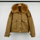 Janveny Real Fox Fur Women's Down Jacket 2021 Short Loose 90% White Duck Down Coat Fashion Female Big Pocket Puffer Snow Outwear