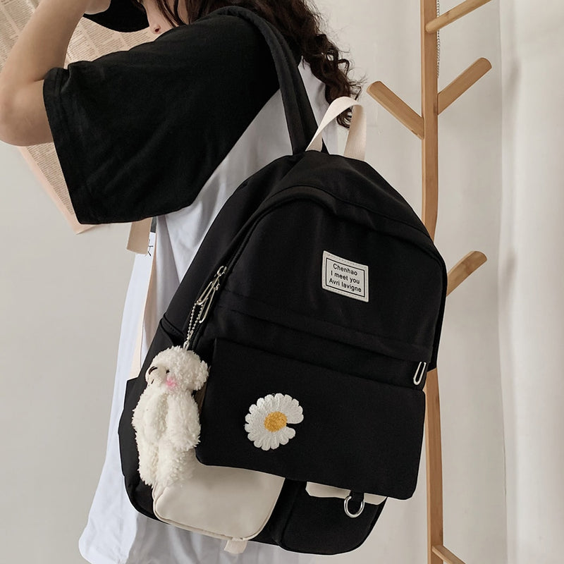 Mochila bonita para estudiantes universitarios para mujer, mochilas escolares Harajuku con flores para mujer, mochila Kawaii para libros, mochila de nailon para chica, bolso de moda