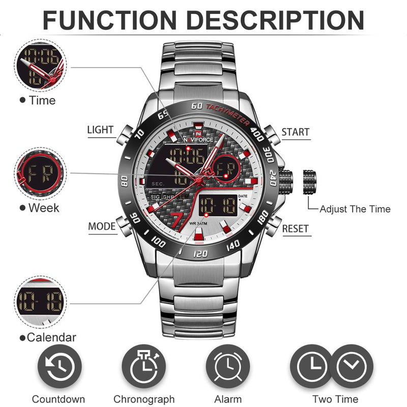 NAVIFORCE Luxury Brand Quartz Men Watches LED Digital Sport Wristwatches Steel Strap Waterproof Business Clock Relogio