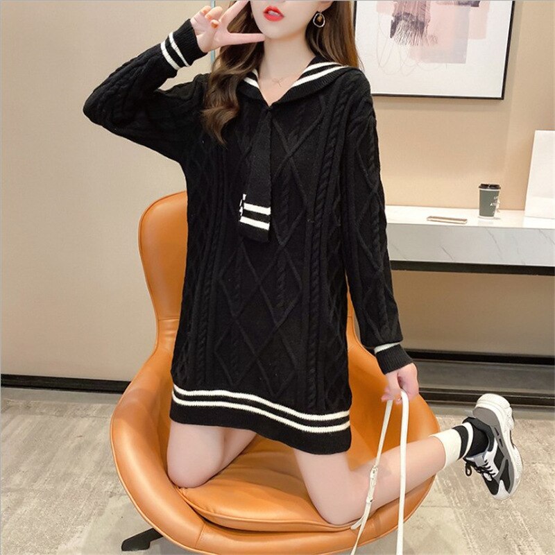 Mid-length Sweater 2022 New Women Loose Outer Wear Navy Style Korean Style Western Style Autumn Knitted Dress Trend