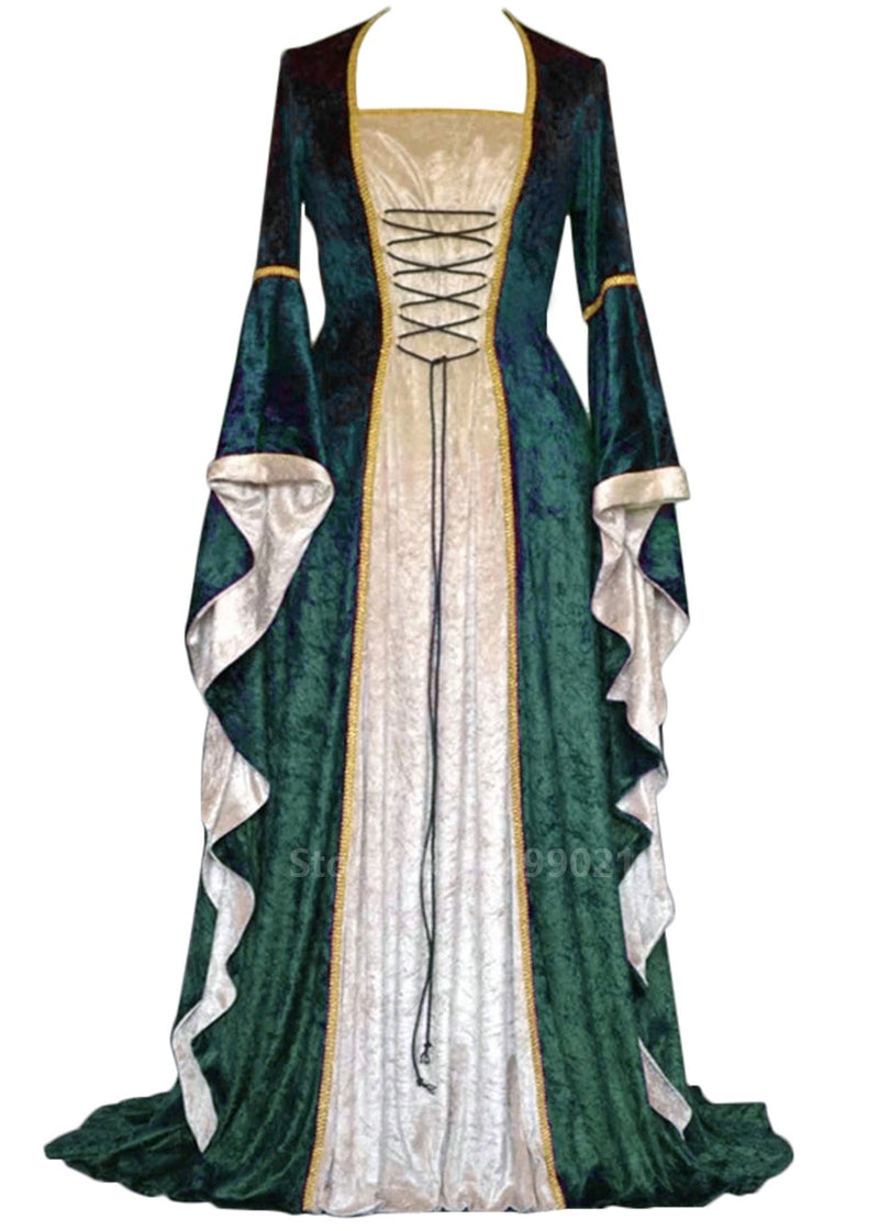Halloween Women European Medieval Retro Court Princress Cosplay Costume Long Dress Elegant Witch Square Collar Masquerade Wear