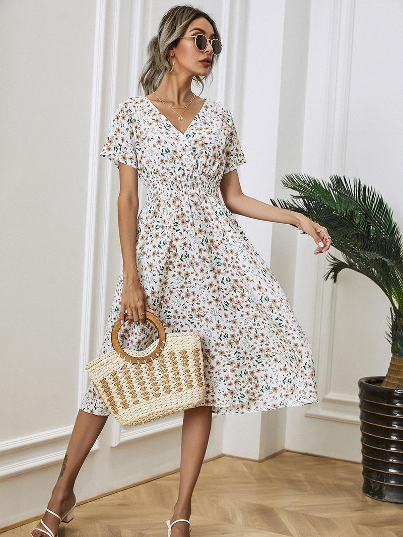 White Floral Printing Summer Chiffon Beach Dress 2022 Casual V-neck Short Sleeve A-line Women Midi Dresses Vestidos