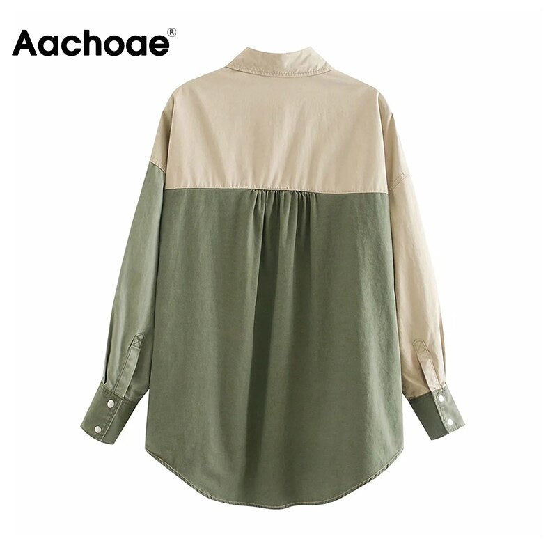 Aachoae 2021 Autumn Women Shirt Jakcet Coat Boyfriend Patchwork Jacket Loose Long Sleeve Cotton Coat Ladies Streetwear Tops