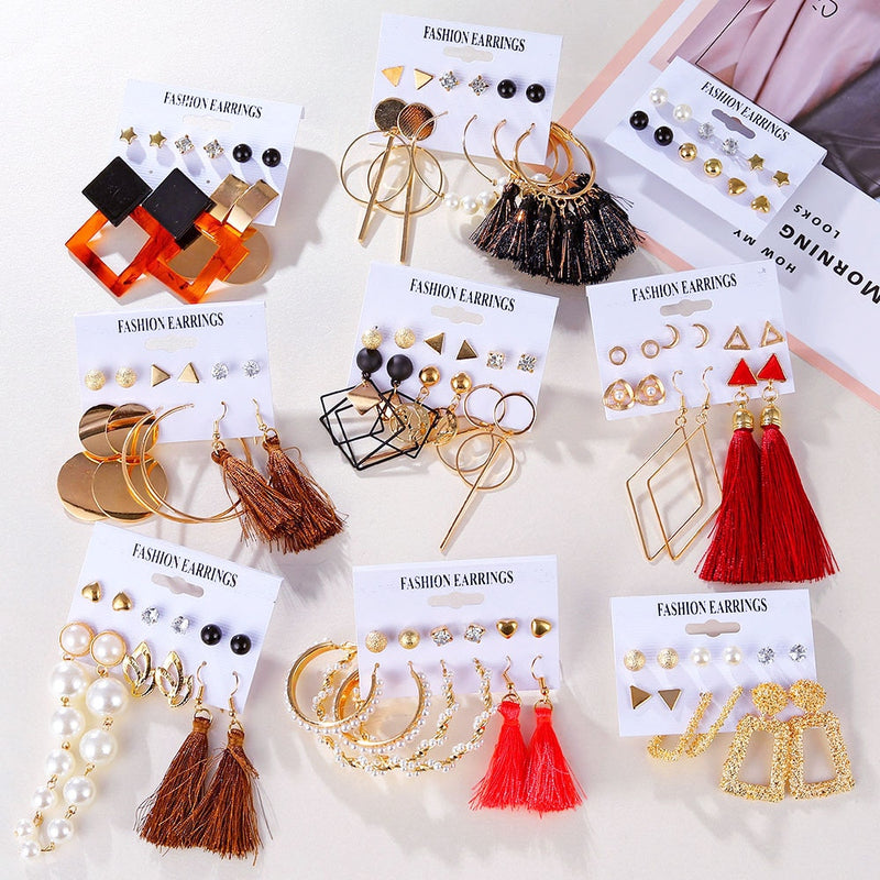 2020 Vintage Women Drop Earrings Set Bohemia Acrylic Tassel Pearl Alloy Long Pendant Earrings Geometric Jewelry Party Gift