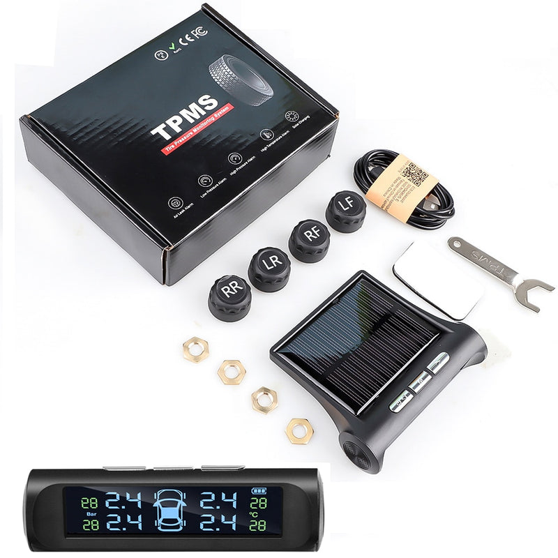 Sistema de control de presión de neumáticos de coche con energía Solar Digital TPMS para coche de 433,92 MHZ con 4 sensores, herramienta de alarma de seguridad automática USB, barra PSI