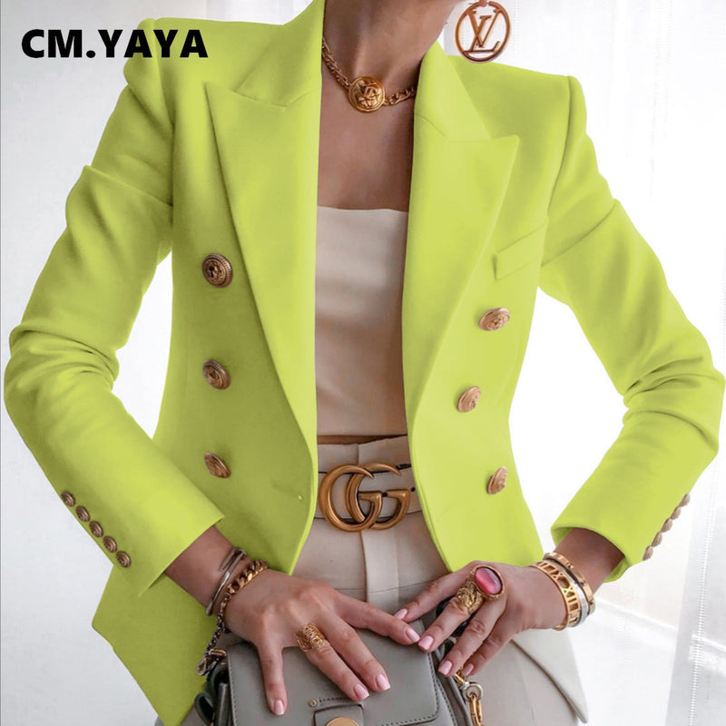 CM.YAYA Blazer de mujer sólido de manga larga con doble botonadura Slim Casual Blazers moda femenina ropa informal alta verano 2021