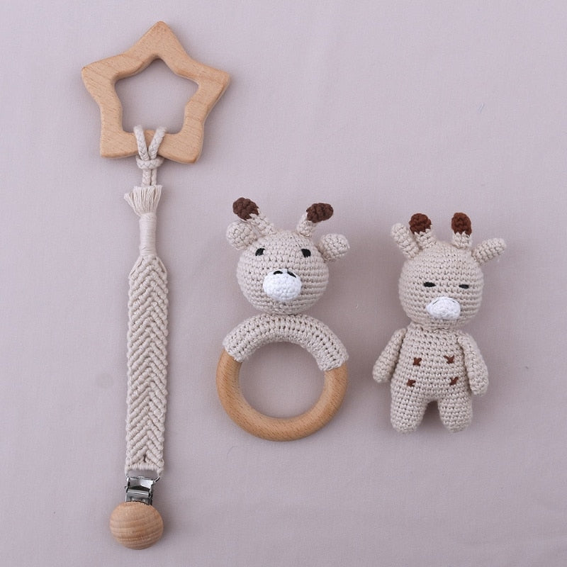 Baby Silicone Teether Wooden Rattle Toys Double Side Cotton Bibs Sleeping Dolls Soothe Appease Towel Newborn Nurse Accessories