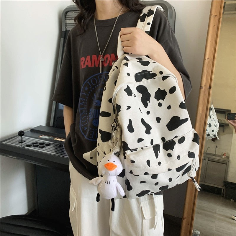 Niedliche Milchkuh Druck Frauen Rucksack Leinwand Reise Mochila Frauen Schultasche für Teenager Mädchen Mode Rucksack Großhandel