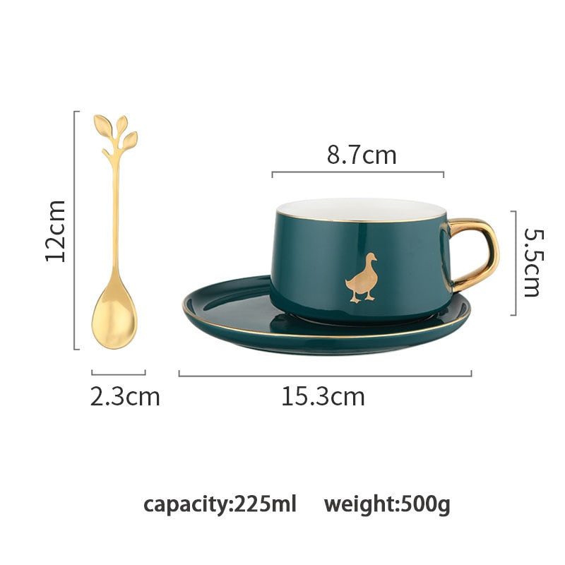 MDZF SWEETHOME 225ml Nordic Style Animal Coffee Cup With Dish Spoon Gold Handle Breakfast Milk Juice Mug Gift For Birthday