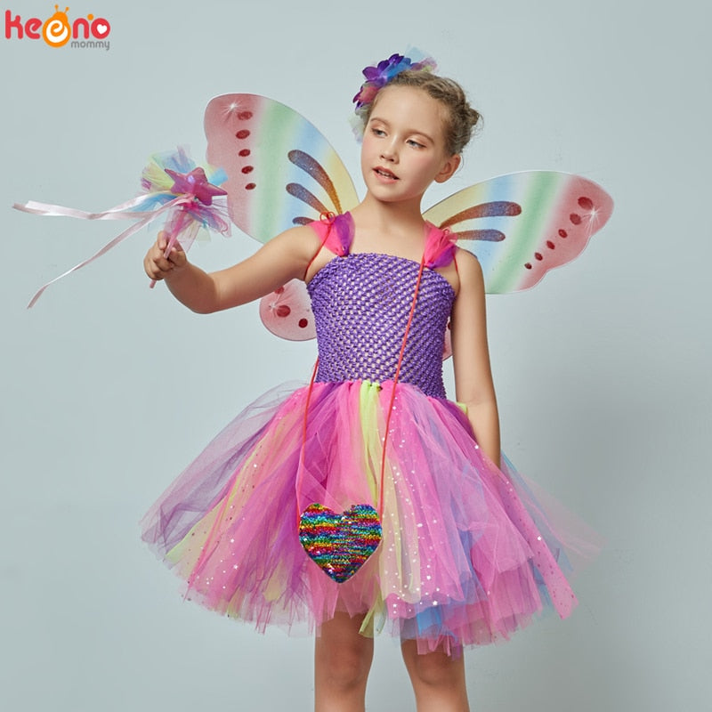 Girls Butterfly Fairy Fancy Tutu Dress Wings Costume Kids Princess Birthday Party Halloween Cosplay Kids Spring Tulle Dress