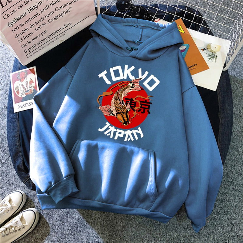 Sudadera con capucha japonesa Tokyo Koi estampado otoño polar hombre pulóver de gran tamaño coreano hombres Sudadera con capucha calle moda hombre sudaderas con capucha