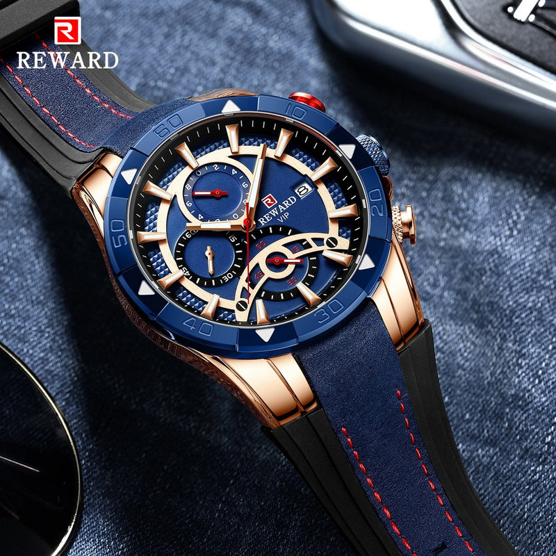 RECOMPENSA Moda Azul Hombres Relojes Cronógrafo Marca superior Lujo Reloj de cuarzo impermeable Hombres 2022 Nuevo Gran Dial Reloj de pulsera deportivo