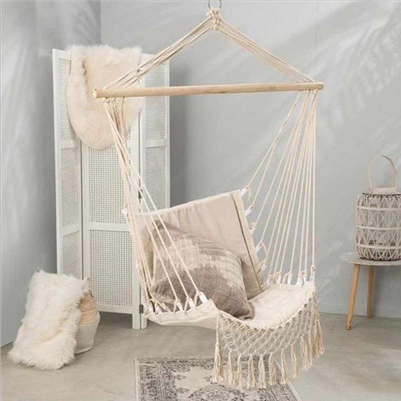 Outdoor Nordic Interior Hammock Chair Home Garden Swing Tassel Hanging Hammock Furniture Indoor Dormitory Chair with Wooden Rod