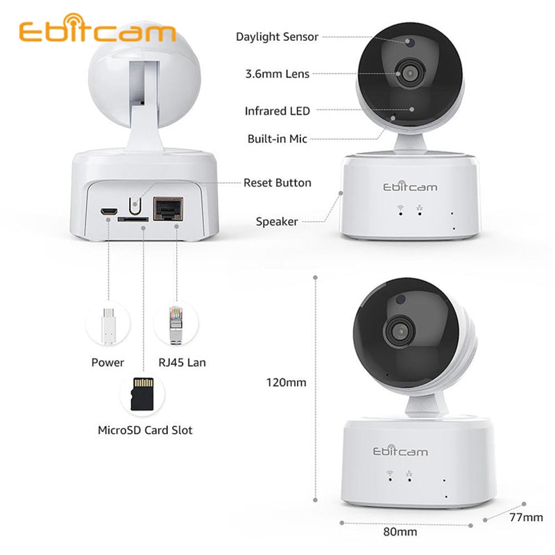 Ebitcam Security 360 CCTV Cámara Ip PTZ 1080P 2K Detección de movimiento facial PIR Visión nocturna Alarma de vigilancia Wifi interior Monitor de bebé