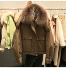 Janveny Real Fox Fur Women's Down Jacket 2021 Short Loose 90% White Duck Down Coat Fashion Female Big Pocket Puffer Snow Outwear