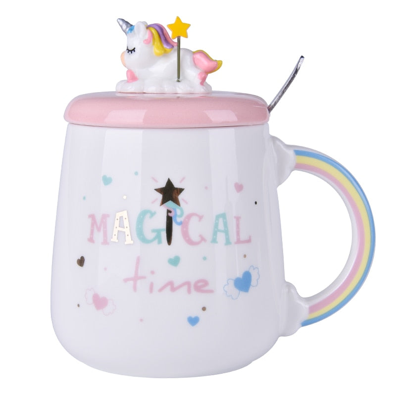 Bonita taza de café de unicornio con tapa 3D y cuchara, taza de agua de té de cerámica, regalo para mujeres y niñas, color blanco, 450 ml