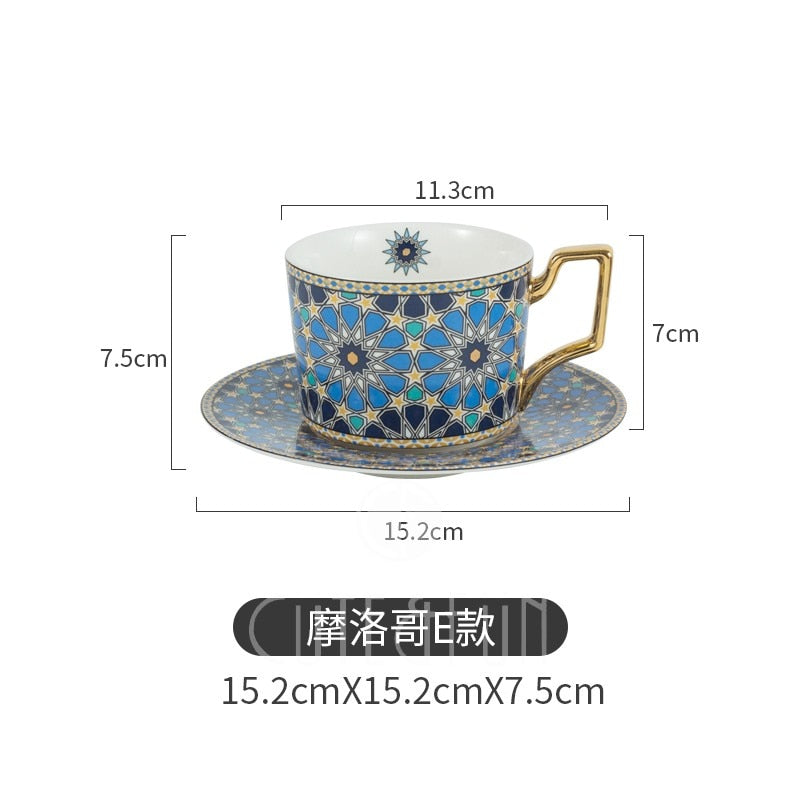 Moroccan Style Luxury Coffee Cup and Saucer Set with Gold Handle for Special Coffee Cappuccino Ceramic Tea Cup 250ml