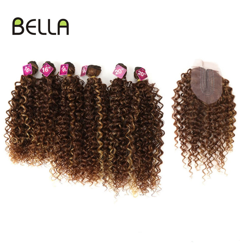 Bella Afro Kinky Curly Synthetic Hair 6 Bundles With 1Closure 7pcs/Lot Ombre Color 16-20 inch Kinky Curly Bundles Hair Extension