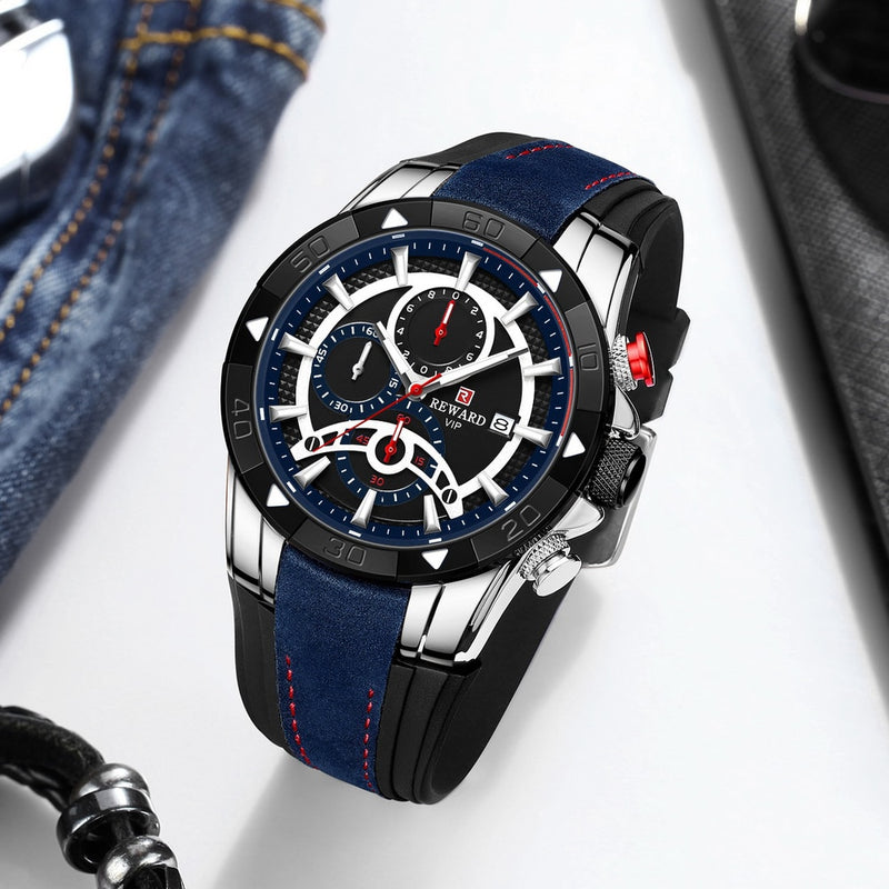 RECOMPENSA Moda Azul Hombres Relojes Cronógrafo Marca superior Lujo Reloj de cuarzo impermeable Hombres 2022 Nuevo Gran Dial Reloj de pulsera deportivo