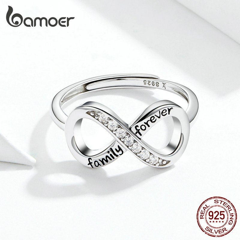 Bamoer 925 Sterling Silver Infinity Love Family Forever Finger Ring Adjustable Free Size Rings Fashion Clear CZ Jewelry SCR579