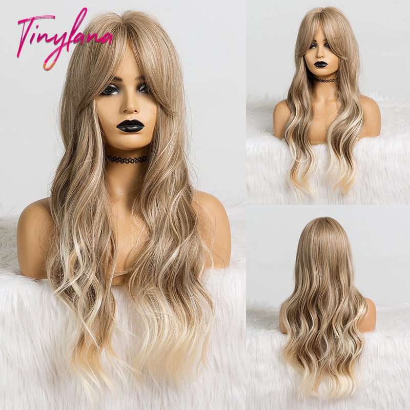 TINY LANA Synthetic Long Ombre Wavy Wigs Brown Blonde Middle Part Cosplay Wigs with Bangs For Women Long Hair Wigs Fake Hair