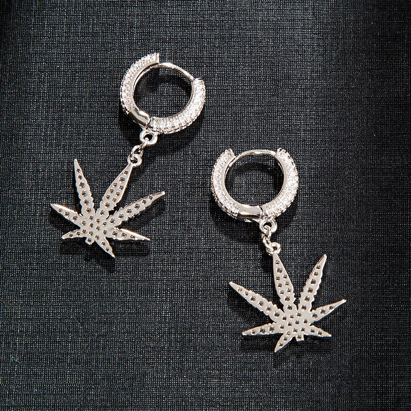 Hip Hop 1Pair Iced Zircon Maple leaf Earring Micro Paved AAA+ Bling CZ Stone Earrings For Men Women Jewelry