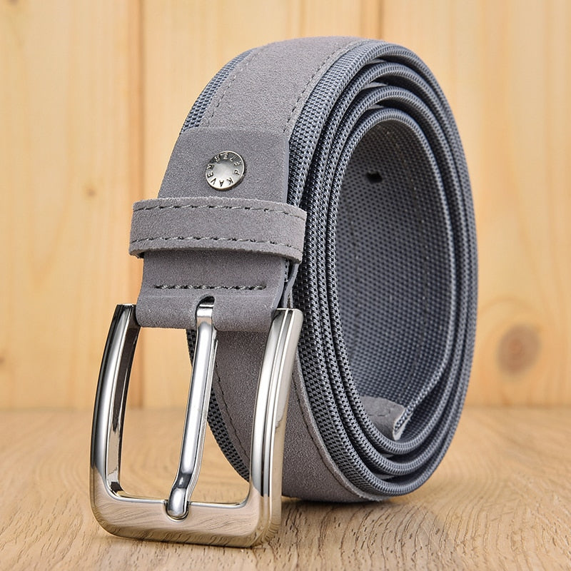 Men Suede Leather Belt With Oxford Fabric Strap Genuine Leather Luxury Pin Buckle Blue Belts For Men 3.5 cm and 4.0 cm Width