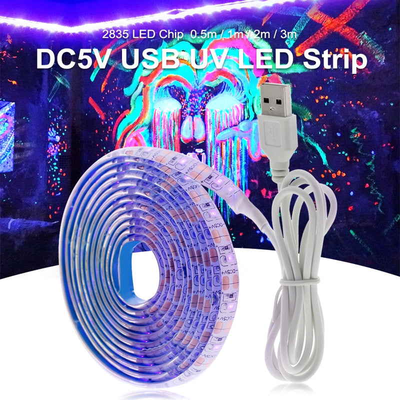UV-LED-Lichtstreifen 5 V DC 2835 0,5 m, 1 m, 2 m, wasserdichtes lila Band, USB-Seilband für DJ-Fluoreszenz