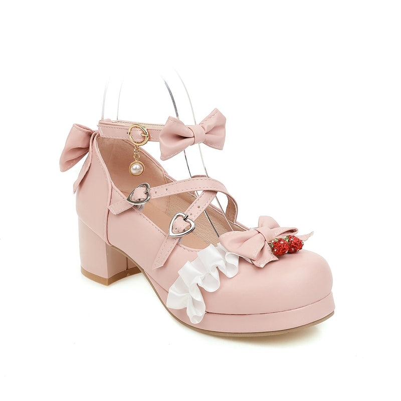 Japanese Lolita Mary Janes Shoes Princess Pink Ankle Strap Bowtie Strawberry Ruffles Wedding Cosplay Uniform Pumps Plus Size 48