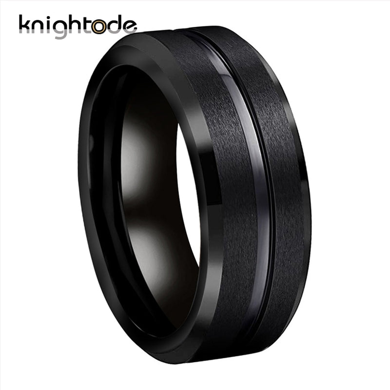 Anillos de carburo de tungsteno negro de 8mm/6mm para fiesta de moda, banda de boda para hombres y mujeres, bordes biselados centrales acanalados, ajuste cómodo mate