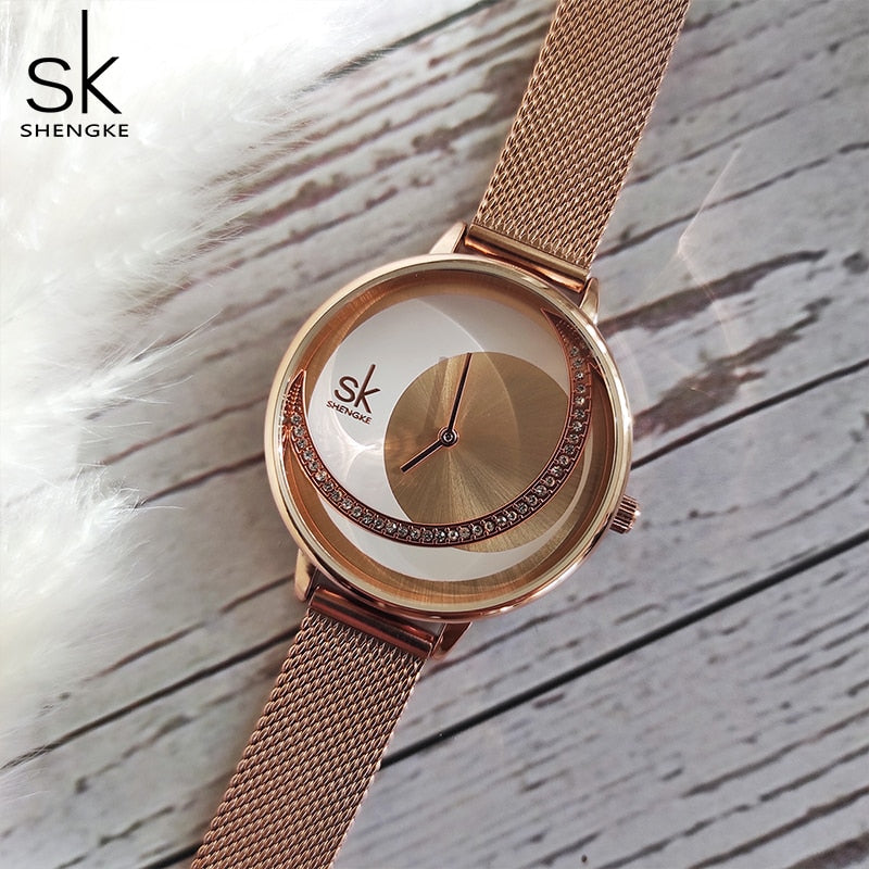 Reloj de cristal Shengke para mujer, relojes de vestir de marca de lujo para mujer, relojes de pulsera de cuarzo de diseño Original, reloj creativo para mujer