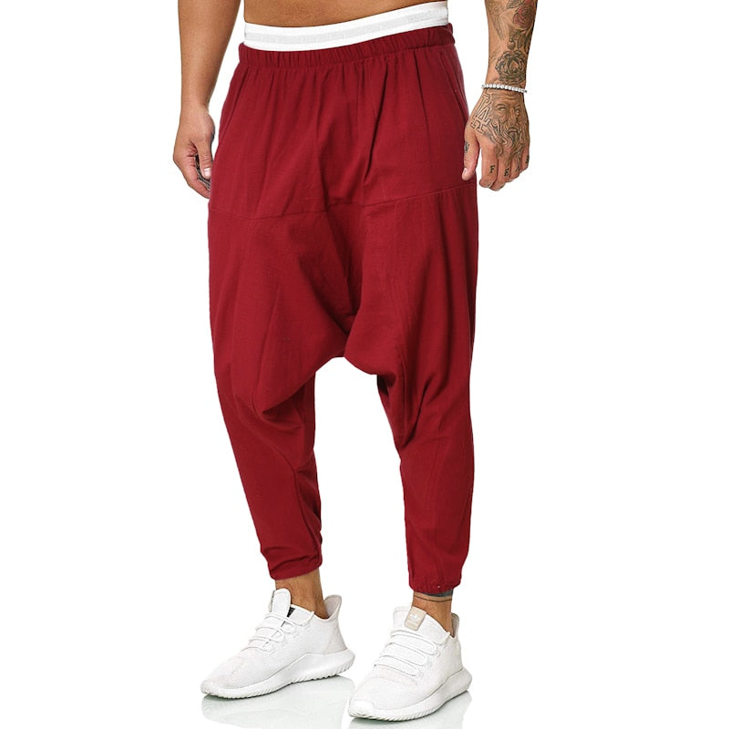 2022 Men Linen Cross-Pants Mens Baggy Harem Pants Men Solid Black Trousers Male HipHop Joggers Man Streetwear  Wide Legs Pants