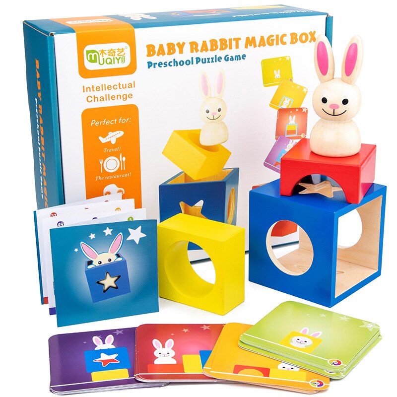 Rompecabezas de madera Montessori, caja mágica de conejo bebé, juego cognitivo, bloques de construcción, juguetes educativos para niños, juguetes de aprendizaje temprano, regalos